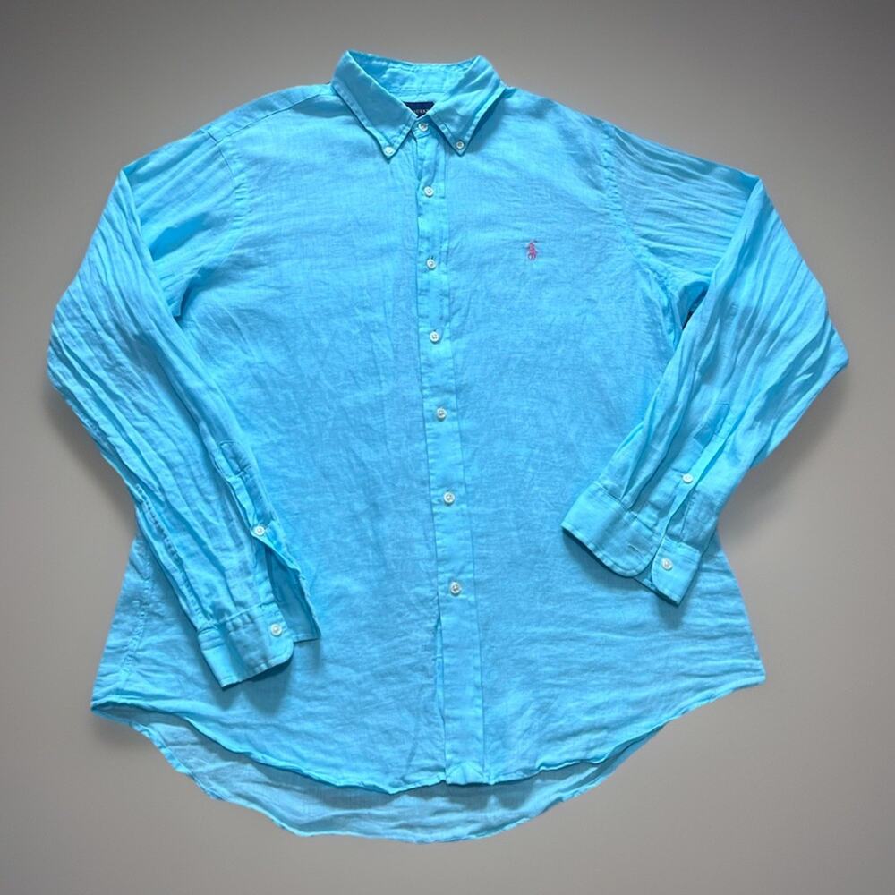 Ralph Lauren Men's L Button Up Shirt Turquoise 100% Linen Preppy Summer Casual